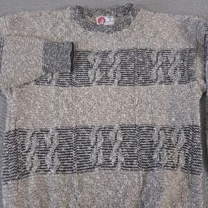 VINTAGE Isle of Cotton Sweater Mens Large Grey Geometric Textured Knit 90s